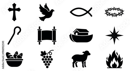 Christian symbols and biblical icons collection representing faith, spirituality, and religious concepts in a graphic vector illustration.
