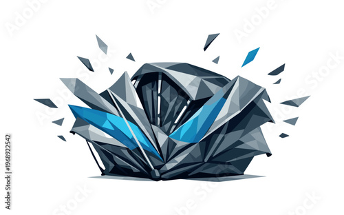 Low-poly vector illustration of a folded pop-up tent just beginning to spring open, compressed angular fabric bundle expanding