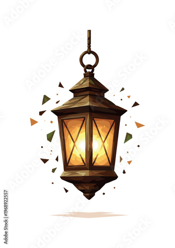 Low-poly vector illustration of a lantern settling after a swing, geometric lantern body hanging more vertically while polygon