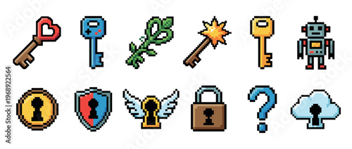 Pixel art keys, locks, and security icons collection for digital access, gaming, and retro technology concepts.