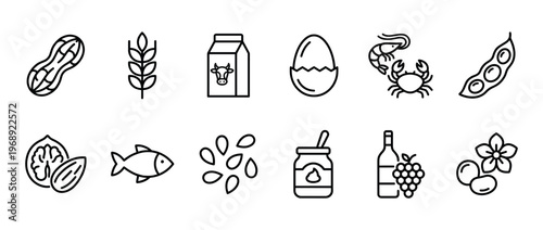 Food allergy icons set featuring common allergens like peanuts, milk, eggs, fish, shellfish, wheat, soy, and tree nuts.