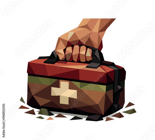 Low-poly vector illustration of an emergency kit secured in hand after being grabbed, angular medical bag held firmly with crisp