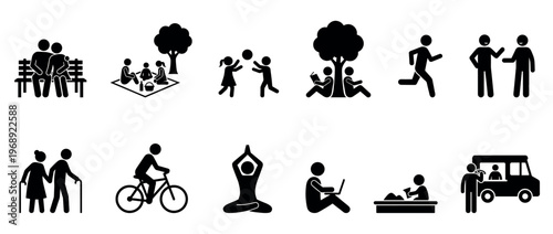 Stick figures illustrating various everyday human activities and social interactions, representing different lifestyles and leisure pursuits.