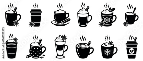 Collection of steaming hot winter beverages and spiced drinks in various cups, perfect for cozy holiday season designs and menus.