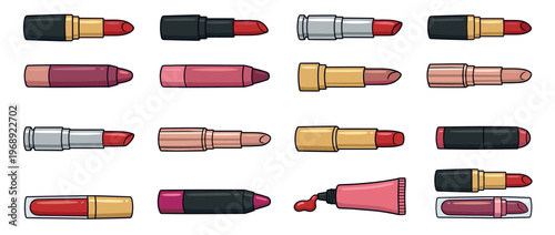 Colorful collection of various lipsticks, lip glosses, and lip crayons in different shades for beauty and makeup applications.