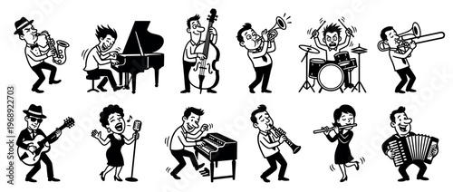 Cartoon musicians playing various instruments including saxophone, piano, drums, guitar, and brass, performing lively music in a retro illustration style.