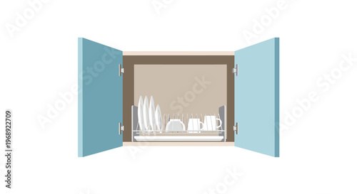 A modern kitchen wall cabinet with light blue doors stands open to reveal neatly organized white ceramic plates and mugs on a metallic rack inside.