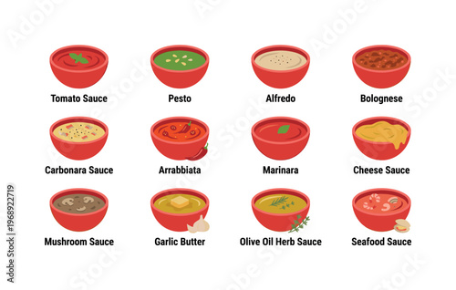 Small bowls of tomato sauce, pesto, alfredo, bolognese, carbonara sauce, arrabbiata, marinara, cheese sauce, mushroom sauce,