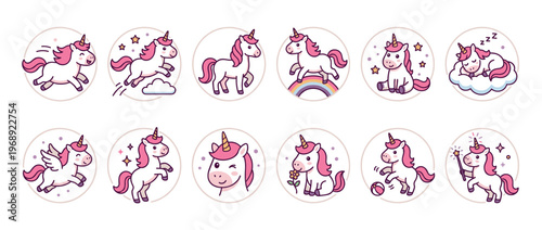 Cute cartoon unicorns in various playful poses and magical activities, including flying, jumping, sleeping, and using a magic wand.
