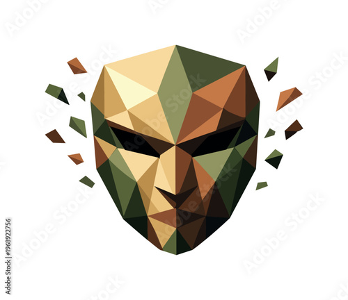 Low-poly vector illustration of a mysterious geometric mask as the central hero object, faceted face mask built from sharp