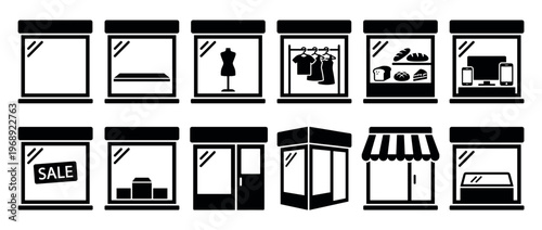 Collection of various shop window and storefront icons representing different retail businesses and display concepts.