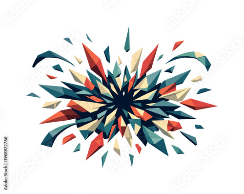 Low-poly vector illustration of shattered glass bursting outward then rebounding, faceted triangular glass shards flying