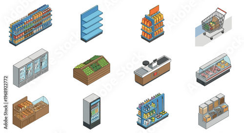 Isometric illustrations of various grocery store elements including shelves, product displays, checkout counter, and shopping cart for retail design.