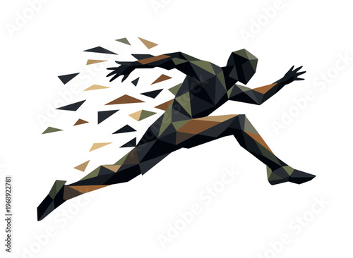 Low-poly vector illustration of a shadowy human silhouette mid-leap, faceted body built from sharp triangular polygons forming a