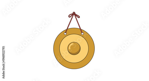 A traditional golden metal gong hangs suspended from a thin red cord tied in a neat bow against a minimalist white background in a clean vector style.