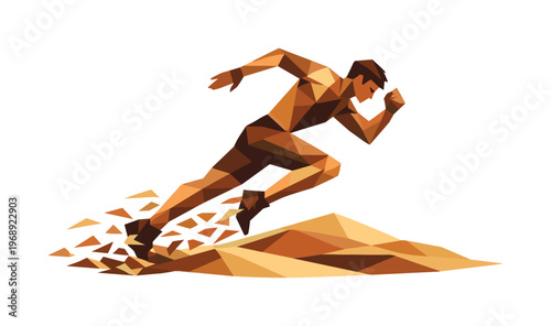 Low-poly vector illustration of a runner sprinting across sand dunes, faceted athlete figure built from sharp triangular polygon