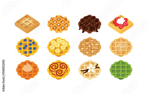 Waffle varieties including belgian waffle, liege waffle, chocolate waffle, strawberry waffle, blueberry waffle, banana waffle,