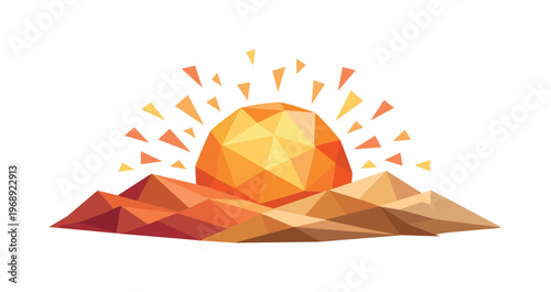 Low-poly vector illustration of a sunrise as the central hero object, faceted sun built from sharp triangular polygon planes
