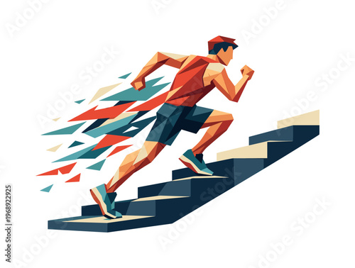 Low-poly vector illustration of a runner powering up city stairs, faceted triangular limbs extended while explosive polygon