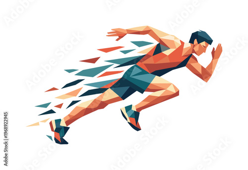 Low-poly vector illustration of a runner powering through a forest interval, faceted triangular limbs extended while explosive
