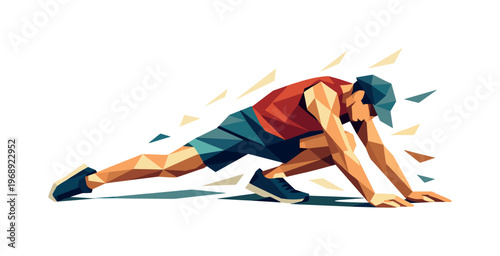 Low-poly vector illustration of a runner deep in a recovery stretch, faceted triangular limbs fully extended while polygon shards