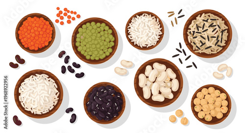 A diverse collection of healthy dried legumes and grains like lentils and rice are meticulously arranged in rustic wooden bowls over a white surface.