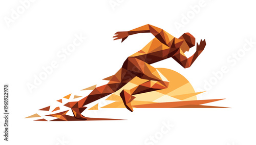 Low-poly vector illustration of a runner sprinting at sunrise, faceted athlete figure built from sharp triangular polygon planes