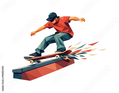 Geometric skateboarder performs trick on a ramp with abstract motion effect