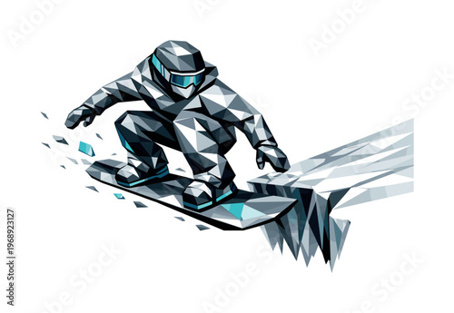 Geometric snowboarder in action, dynamic low poly style, winter sports