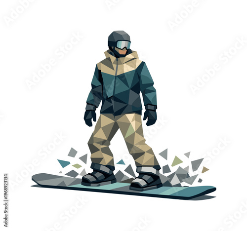 Geometric low poly snowboarder in action on a white background