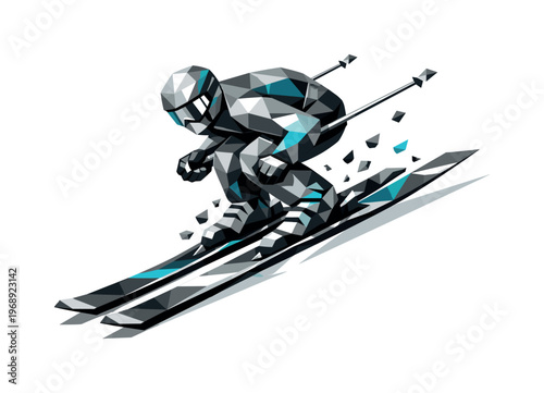 Abstract geometric skier racing downhill with speed and motion