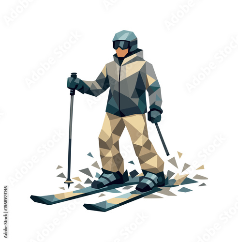 Geometric skier in action, low poly style, dynamic pose on white background
