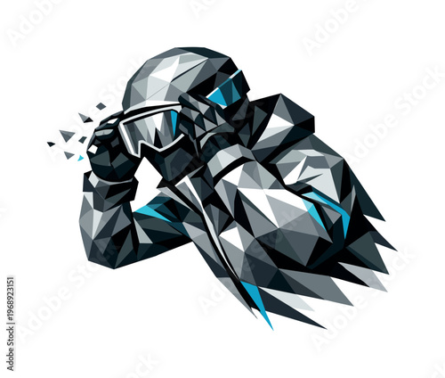 Geometric low poly skier adjusting goggles with abstract fragmented elements