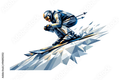 Dynamic abstract skier in motion, geometric style, capturing speed and winter sports