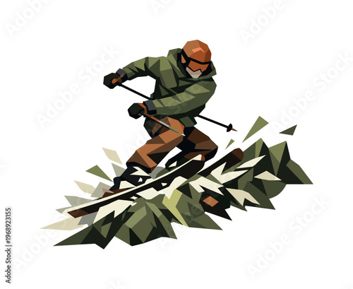 Dynamic low poly skier carving down a snowy mountain slope with abstract snow
