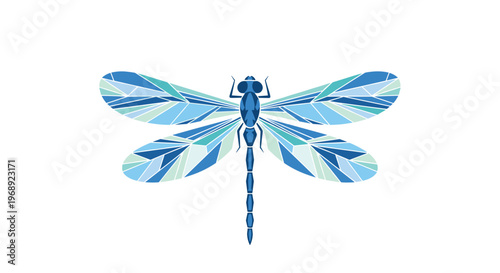 A meticulously crafted dragonfly illustration displays intricate geometric wing patterns in shades of vibrant blue and soft cyan against a pristine white backdrop.