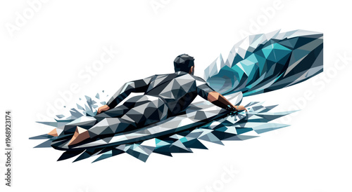 Surfer riding a wave in abstract geometric low poly style