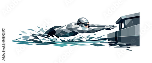 Geometric swimmer in freestyle stroke approaches the pool wall with determination