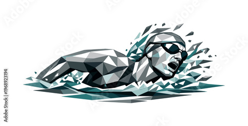 Dynamic low-poly swimmer in action, abstract water splashes and geometric style