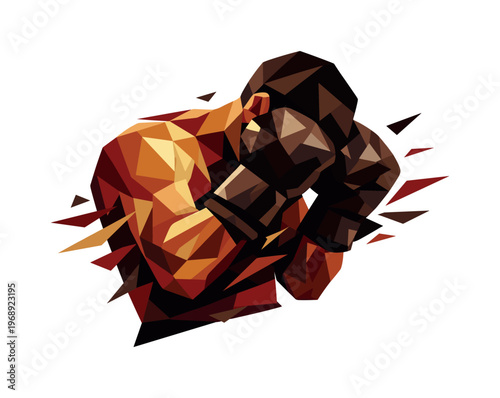 Geometric boxer in defensive stance with black gloves and abstract motion lines