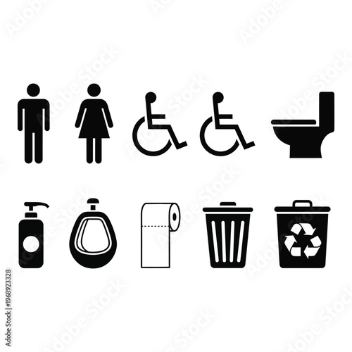 Collection of black restroom symbols depicting people facilities and accessories