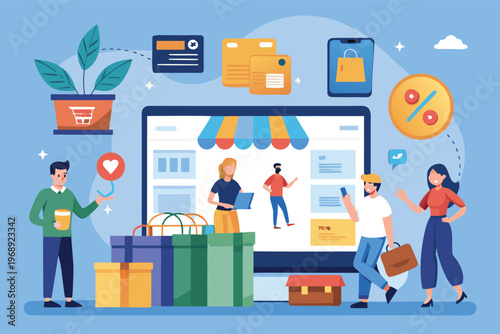 People shopping online with various items and devices Vector, illustration