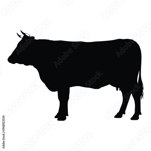 Silhouette of a cow standing in profile against a white background