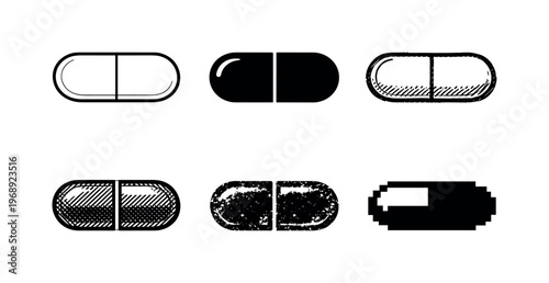 Medicine pill capsule with two rounded halves used for delivering pharmaceutical treatment and supplements | Create ONE image