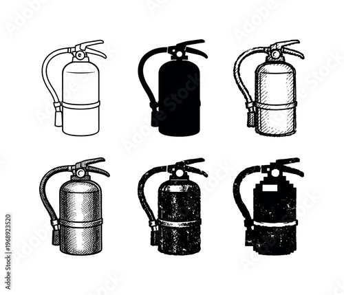 Emergency fire extinguisher bottle with curved hose used for suppressing small fires | Create ONE image containing EXACTLY six