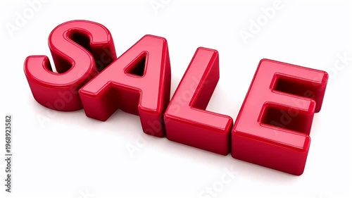 Retail promotion campaign advertisement. A 3D rendering of the word SALE in bold, glossy, red capital letters. The letters are arranged in a staggered formation.