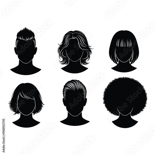 Six different hairstyles depicted as black silhouettes of heads and shoulders