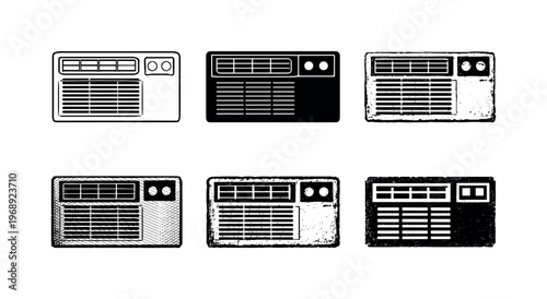 Window air conditioner box unit with front vents and control panel, installed to provide cooling in homes | Create ONE image