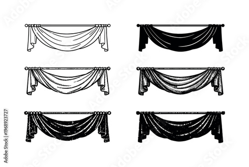 Draped curtain with gathered pleats hanging from rod, designed to cover windows and soften interior spaces | Create ONE image