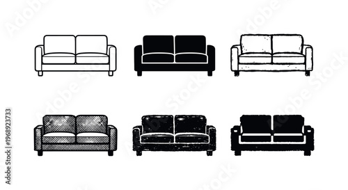 Loveseat Variants Art. Compact loveseat sofa with two seat cushions and simple frame, intended for small apartments and cozy